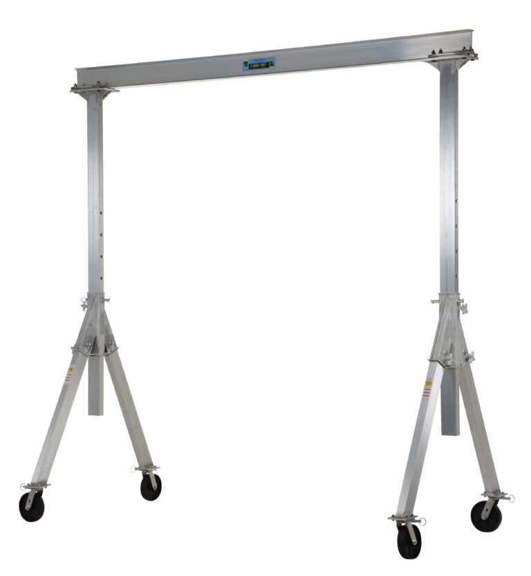AHA-2-8-12_A.jpg The Vestil Adjust Aluminum Gantry Crane 2K 8 X 12 is a portable, height-adjustable solution with a silver frame, featuring a horizontal beam supported by two A-frame legs and four wheels for easy mobility.