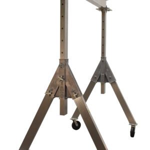 The Vestil Adjust Aluminum Gantry Crane 4K 8 X 8 features adjustable height, a strong horizontal beam on two vertical legs, triangular supports, and wheels for mobility, offering industrial strength and durability.