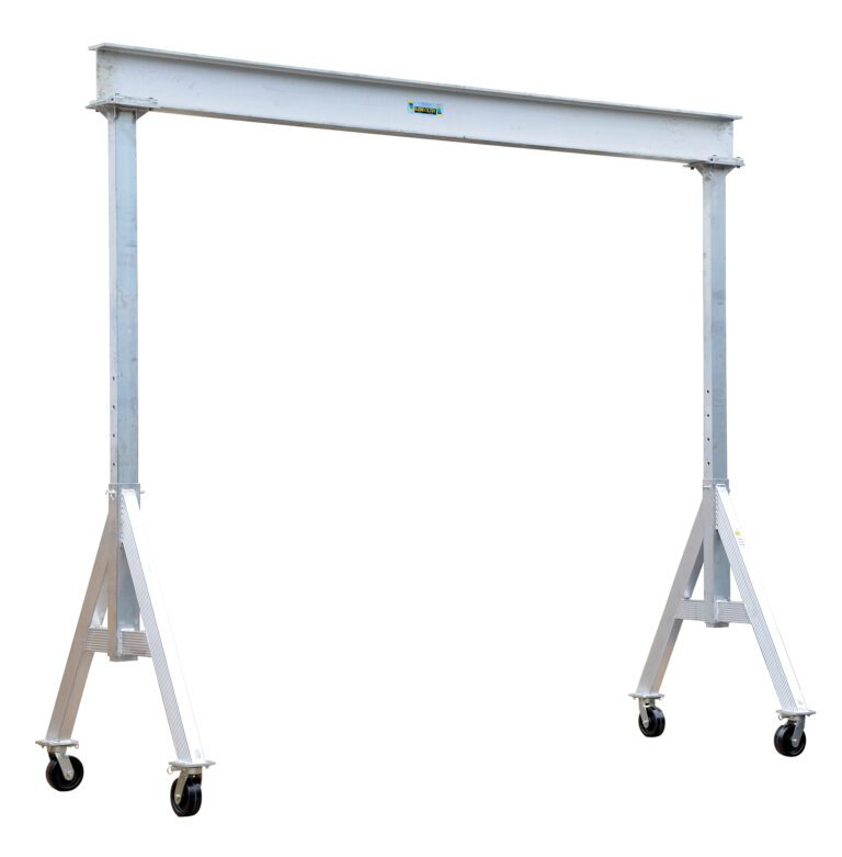 AHA-6-10-10_A.jpg The portable Vestil Adjust Aluminum Gantry Crane 6K 10 X 10 features a horizontal beam on two wheeled vertical legs for easy mobility. Its metallic and simple design is ideal for industrial lifting tasks.