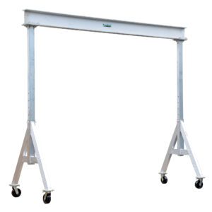 The Vestil Adjust Aluminum Gantry Crane 6K 15 X 12 is a mobile crane with four wheels and an adjustable horizontal beam supported by two vertical legs. Ideal for lifting heavy items, it suits workshops and construction sites.