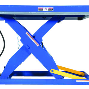 The Vestil Air/Hydra Scissor Lift Table 3K in blue, measuring 24.375 x 48.375, features a durable steel frame with warning labels, an X-shaped lift mechanism, side black cable, and a yellow bar within the support structure.