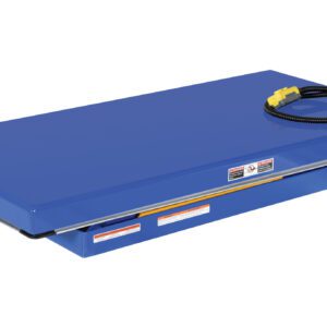 The Vestil Air/Hydra Scissor Lift Table 3K 30.375 X 60.375 features a blue hydraulic lift with a rectangular platform and coiled power cable, designed for industrial use, with yellow and red safety labels on the side.