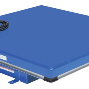 The Vestil Air/Hydra Scissor Lift Table 3K 48.375 X 48.375 features a blue hydraulic lift with a flat rectangular surface, coiled black cord, and yellow control handle, ideal for precision lifting of heavy loads in industrial settings.