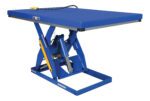 The Vestil Air/Hydra Scissor Lift Table 3K features a durable blue frame and a flat platform measuring 42.375 x 72.375 inches. Its powered by an attached cable and designed for lifting heavy items in industrial settings with its robust scissor lift mechanism.