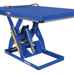 The Vestil Air/Hydra Scissor Lift Table 3K features a durable blue frame and a flat platform measuring 42.375 x 72.375 inches. Its powered by an attached cable and designed for lifting heavy items in industrial settings with its robust scissor lift mechanism.
