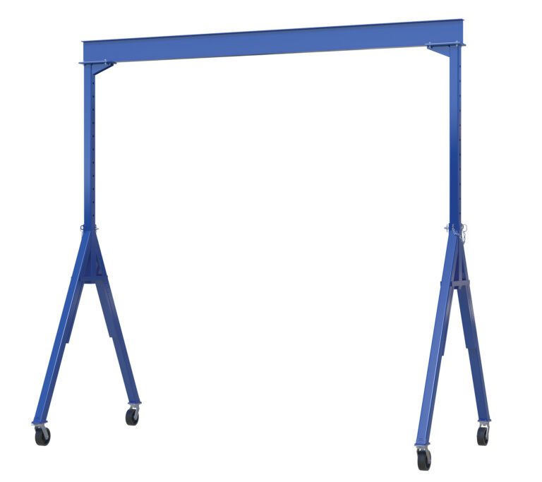 AHS-2-15-10_A.jpg The Vestil Adj Height Steel Gantry Crane 2K 15 X 10 features a sleek blue metal design with adjustable height, sturdy legs on wheels for mobility, and a robust beam supported by vertical posts, making it ideal for effortless heavy lifting.
