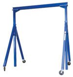 The Vestil Adj Height Steel Gantry Crane 2K 15 X 14 features a distinctive blue frame with four robust wheeled legs and an expertly designed overhead horizontal beam for efficient heavy load lifting and transportation.
