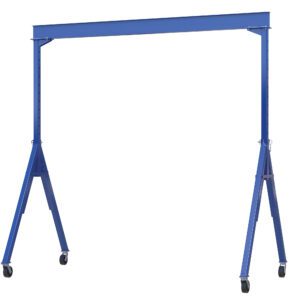 The Vestil Adj Height Steel Gantry Crane 2K 15 X 7 is a portable crane with a blue horizontal beam supported by two adjustable vertical legs, each on four wheels for easy mobility, ideal for lifting heavy loads effortlessly.