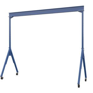 The Vestil Adj Height Steel Gantry Crane 2K 20 X 14 includes a blue, adjustable horizontal beam and two wheeled vertical legs for easy mobility and height adjustment.