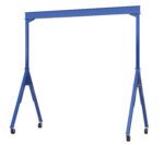 The Vestil Adj Height Steel Gantry Crane 4K 15 X 10 is a blue crane with a horizontal beam and adjustable legs on wheels, ideal for lifting and moving heavy items thanks to its mobile wheeled base.