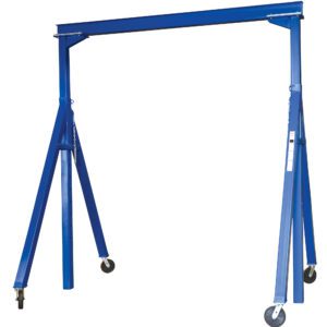 The Vestil Adjustable Height Steel Gantry Crane 4K 15 X 16 has a blue adjustable frame with four legs and caster wheels, providing sturdy lifting and easy mobility for industrial use, combining flexibility and reliability.