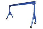 The Vestil Adj Height Steel Gantry Crane 4K 15 X 7 is a blue crane with adjustability, featuring a horizontal beam, two vertical legs on black wheels, and stability-enhancing triangular supports. It is showcased on a white background.