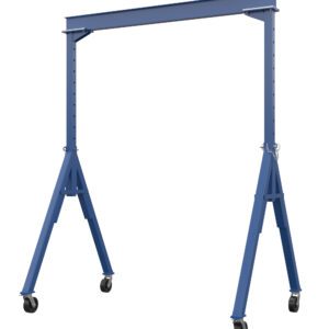 The Vestil Adj Height Steel Gantry Crane 6K 10 X 16 is a blue, freestanding, mobile crane with adjustable height and wheels on its four legs, perfect for lifting and moving heavy loads in industrial or construction settings.