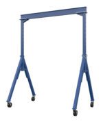 The Vestil Adj Height Steel Gantry Crane 8K 10 X 14 boasts a sturdy blue steel frame, adjustable height, and four mobile caster wheels. Its horizontal beam is supported by stable vertical legs with brackets, ideal for efficiently lifting and transporting heavy loads.