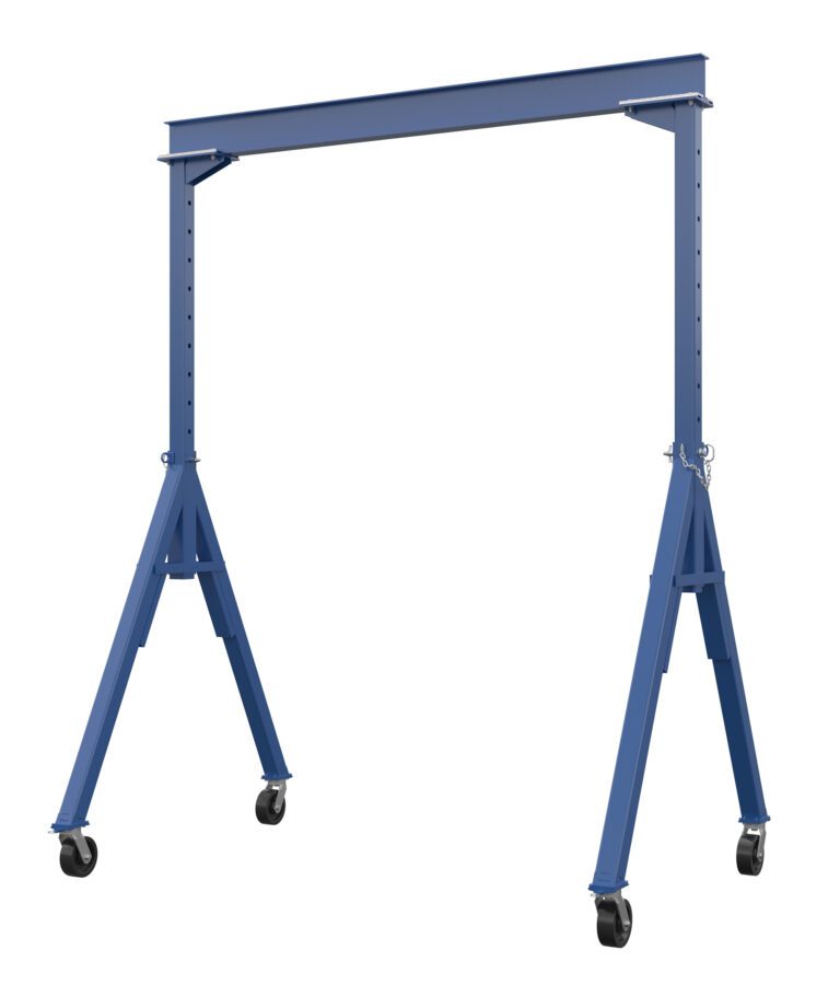 AHS-8-10-14_A.jpg The Vestil Adj Height Steel Gantry Crane 8K 10 X 14 boasts a sturdy blue steel frame, adjustable height, and four mobile caster wheels. Its horizontal beam is supported by stable vertical legs with brackets, ideal for efficiently lifting and transporting heavy loads.