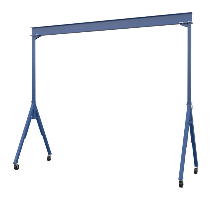 AHS-8-20-14_A.jpg The Vestil Adj Height Steel Gantry Crane 8K 20 X 14 is a blue, portable industrial crane with four wheels, featuring two adjustable height legs linked by a horizontal beam, ideal for lifting and handling materials, and is set against a plain white background.