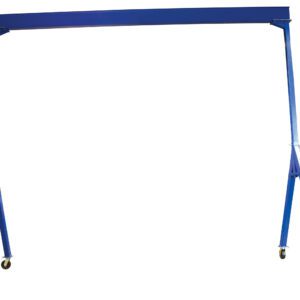 The Vestil Adj Height Steel Gantry Crane 8K 20 X 16 showcases a blue horizontal beam on two angled wheeled legs for optimal mobility, set against a plain white background.
