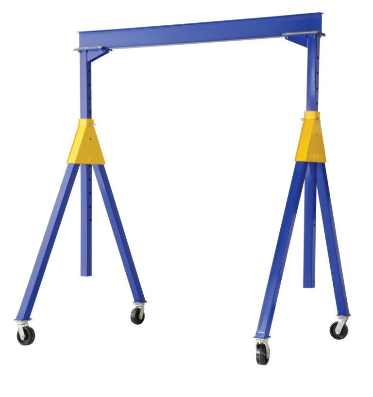 AHSN-2-15-14_A.jpg The Vestil Knock-Down Adj Steel Gantry 2K 15 X 14 is a portable blue crane with yellow brackets and four wheels. Featuring an adjustable frame, it excels in lifting heavy items against a white background, making it ideal for versatile industrial tasks.