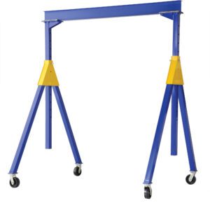 The Vestil Knock-Down Adj Steel Gantry 4K 15 X 12, in blue and yellow, features four adjustable legs on black caster wheels for easy mobility. It is displayed on a white background, perfect for versatile applications.