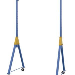 The blue and yellow Vestil Knock-Down Adj Steel Gantry 6K 10 X 16 is a portable crane with four wheels, adjustable vertical legs, and a sturdy horizontal beam, ideal for lifting and moving heavy loads efficiently.