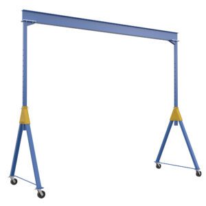 The blue Vestil Knock-Down Adj Steel Gantry 6K 20 X 16 crane with yellow accents has four wheels for mobility. Its design includes a horizontal beam supported by two adjustable vertical beams, facilitating easy positioning and movement.