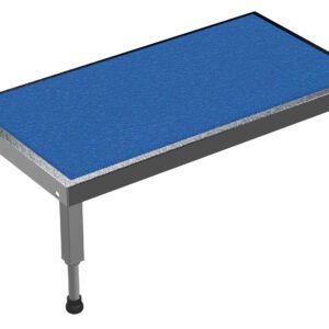 The Vestil Adj Ss Stand has a blue rectangular platform with a textured surface and four height-adjustable metal legs, featuring black rubber feet for stability.