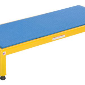 A rectangular, yellow step stool with a blue non-slip surface offers stability like the Vestil Adj Steel Stand 10.5-16.5 H 19 X 48. Its four legs feature black rubber feet, providing reliable support for any task.