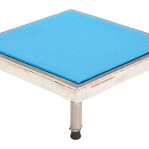 This square stool, similar to the Vestil Adj Ss Stand 10.5-16.5 H 24W X 24L, features a durable metallic frame, rubber-tipped legs for stability, and a blue cushioned seat, making it perfect for adjustable heights ranging from 10.5 to 16.5 inches with dimensions of 24W x 24L.