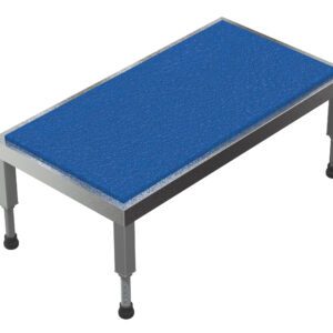 A 3D rendering of the Vestil Adj Ss Stand showcases its sturdy rectangular platform with a textured blue surface. Supported by adjustable legs with black round bases, its ideal for industrial or gym applications.