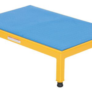 A yellow rectangular pet training platform with four legs and a blue textured top, echoing the practicality and adjustability of the Vestil Adj Steel Stand 10.5-16.5 H 24 X 36, ideal for versatile pet routines.