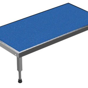 The Vestil Adj Ss Stand 10.5-16.5 H 24W X 48L boasts a textured blue rectangular metal table with four black adjustable legs and a sleek metallic frame, making it simple yet functional for diverse applications.