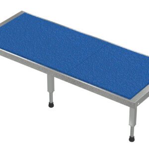 The Vestil Adj Ss Stand 10.5-16.5 H 24W X 60L has a rectangular platform with a blue textured surface and silver metal frame. It is supported by six adjustable legs with black feet, making it sturdy for industrial or laboratory use.