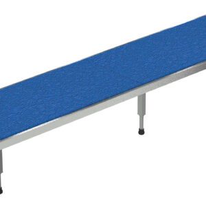 The Vestil Adj Ss Stand 10.5-16.5 H 24W X 96L is a long, rectangular table with a blue textured surface and silver metal legs, featuring adjustable feet with black bases for stability on various surfaces.