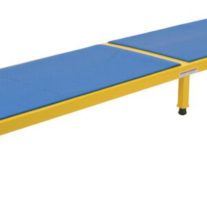 A sleek, low bench with a yellow metal frame and two blue cushions atop, similar to the versatile Vestil Adj Steel Stand 10.5-16.5 H 24 X 96, it rests on four legs featuring black wheels for easy movement.