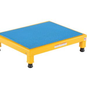 The yellow steel step stool, with its blue non-slip surface and four rubber-capped legs, offers stability reminiscent of the Vestil Adjust Steel Stand 6.75-8.75 H 19 X 24 in design and reliability.