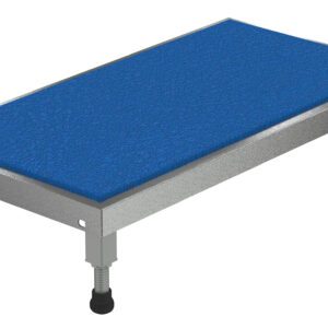 The Vestil Adjust Ss Stand 6.75-8.75 H 19 X 36 features a blue textured surface on its rectangular metal platform with four adjustable legs and black rubber feet for stability, making it sturdy and functional for industrial or workshop use.