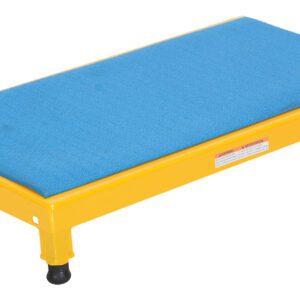 A rectangular platform with a yellow metal frame and blue fabric surface is supported by four black legs, echoing the robust design of the Vestil Adjust Steel Stand 19 X 36, adjustable from 6.75 to 8.75 inches in height.