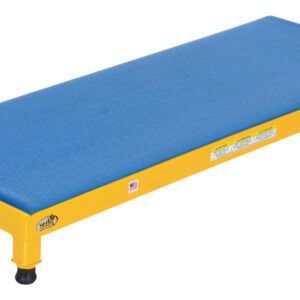 A low rectangular exercise step platform features a blue non-slip top and yellow frame, evoking the stability of the Vestil Adjust Steel Stand 6.75-8.75 H 19 X 48, with four black rubber feet for firm support.