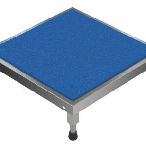 The Vestil Adjust SS Stand 6.75-8.75 H 24 X 24 features a sturdy square platform with a textured blue surface, metallic edges, and black rubber-tipped adjustable legs, providing height flexibility from 6.75 to 8.75 inches on a robust 24 x 24-inch base.