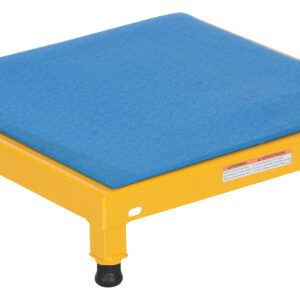 The Vestil Adjust Steel Stand 6.75-8.75 H 24 X 24 is a yellow, rectangular industrial platform with four legs and black rubber feet, featuring a blue textured mat on top. It adjusts from 6.75 to 8.75 in height, providing sturdiness and durability for various applications.