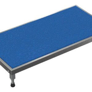 The Vestil Adjust Ss Stand 6.75-8.75 H 24 x 48 features a rectangular metal platform with a blue textured surface, supported by four adjustable legs, allowing customization between heights of 6.75 and 8.75 inches for versatile use.