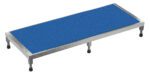 A rectangular platform called the Vestil Adjust Ss Stand has a blue textured surface and silver metal frame, featuring four black adjustable legs for 6.75 to 8.75 inches in height and measuring 24 x 60 inches.