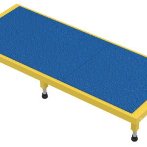 The Vestil Adjust Steel Stand 6.75-8.75 H 24 X 60 boasts a blue textured top with a yellow frame and four adjustable black legs, height ranging from 6.75 to 8.75 inches, within dimensions of 24 x 60 inches.