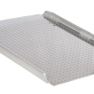 The Vestil Aluminum Hand Truck Dockboard 0.8K 36.25X59.87 includes a metal ramp with a textured diamond plate surface, raised edges for safety, and slight elevation by two supports with a yellow bracket beneath for secure movement.