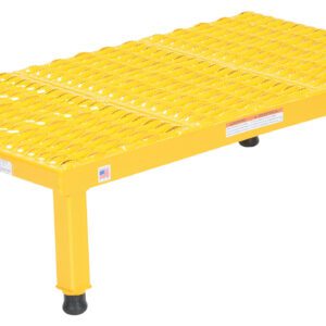 The Vestil Adjustable Steel Stand (10.5-16.5 H 19-9/16W X35-1/4L) is a robust yellow step platform with a metal grid surface and four rubber-tipped legs, perfect for industrial or heavy-duty applications, offering elevated support or reach.