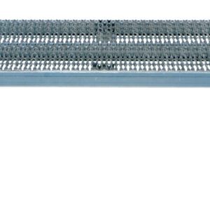 The Vestil Adj Ss Stand features a 19W x 47L rectangular metal platform with a perforated surface, supported by four adjustable legs and rubber feet for stability and slip resistance.