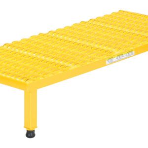 The Vestil Adj Steel Stand in yellow has a grid-like metal platform with rubber-footed legs. It adjusts from 10.5 to 16.5 inches high and measures 19-9/16W x 47L, providing stability and versatility for various tasks.