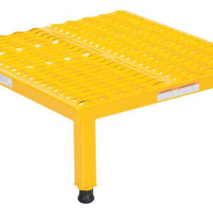The Vestil Adj Steel Stand 10.5-16.5 H 24-06W X23.5L features a grated yellow metal surface, four legs with black rubber caps for stability, and a front safety warning label for convenience and security.