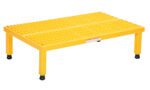 The Vestil Adj Steel Stand 10.5-16.5 H 23.5W x 36.43L features a yellow metal step stool design with a perforated top for grip, four sturdy legs with black rubber caps for stability, and adjusts in height from 10.5 to 16.5 inches to suit your needs.