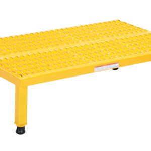 The Vestil Adj Steel Stand 10.5-16.5 H 23.5W x 36.43L features a yellow metal step stool design with a perforated top for grip, four sturdy legs with black rubber caps for stability, and adjusts in height from 10.5 to 16.5 inches to suit your needs.